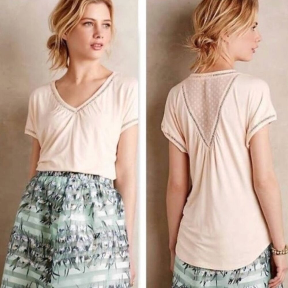 NWT Meadow Rue | Anthropologie Chiffon Spliced Tee in Cream Peach | Size Small